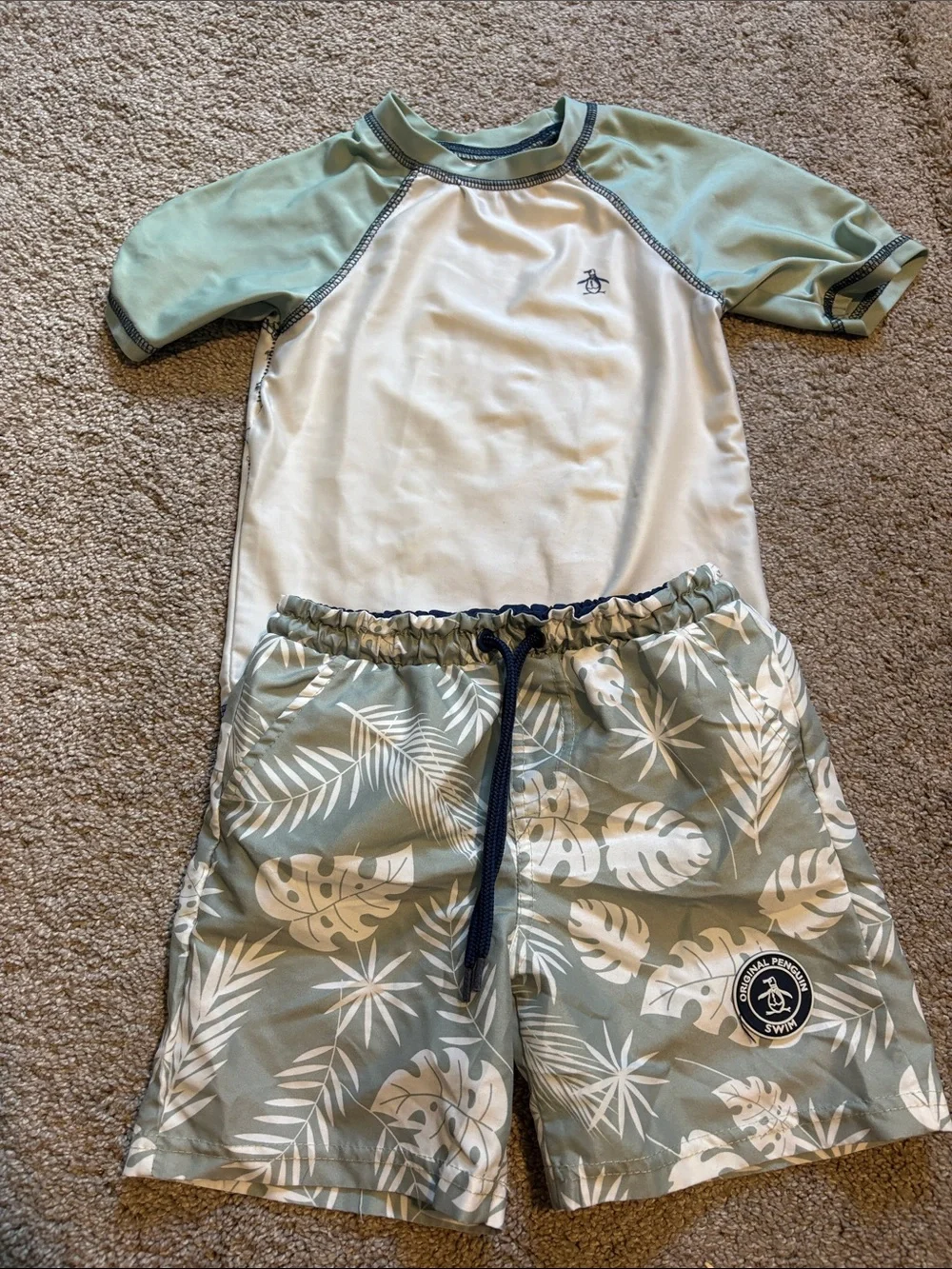 Original Penguin Kids Two-Piece Rash Guard Set in Sage Green & White